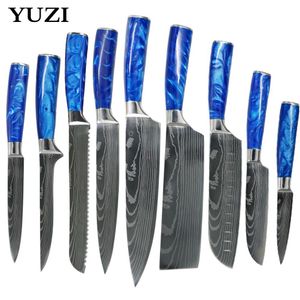 Mutfak bıçakları set mavi reçine sapı şef lnife lazer eamascus desen Japon paslanmaz çelik santoku cleaver dilimleme araçları2826
