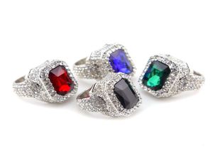 Hip Hop Jewelry Iced out Gold Silver Color Red Green Blue Gem Ring Bling Full CZ Rhinestone Crystal Stone Punk Rap Rings for Men9823328