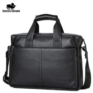 BROCKASES BISON DENIM COWSKIN GENUINE LÄDER MÄNS PREOTCASE STOR CAPACIT LAPTOP Soft Messenger Bag Busniss Black Handbag N22373