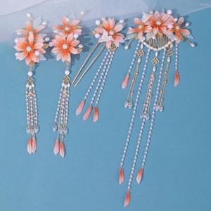 Hair Clips Chinese Accessories Orange Red Flower Hairpins Pearl Tassel Combs U Shaped Sticks Luxury Jewelry For Women