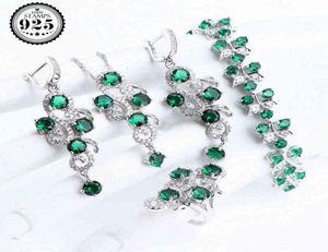 Matrimonio di lusso in argento 925 Set di gioielli da sposa per le donne Bigiotteria Verde CZ Bracciale Anello Orecchini Collana Pendenti Set H2204273386