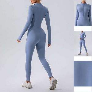 Lu Lu Align Sleeve Nude Long 2024 Zipper Jumpsuit Women's Sports and Fitness Training Dance One-piece Bodysuit Yoga Lemon LL woman