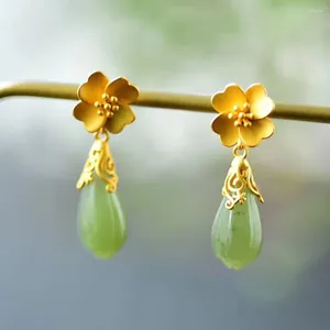 Dangle Earrings S925 Sterling Silver Natural Hetian Jade Inlaid Jasper Flower Elegant Simple Personalized All-Match Ear Rings