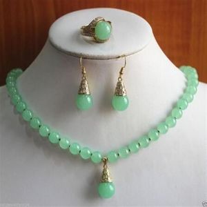 Lovely fashion jewelry 2 colors green jade necklace ring earring set> gold plated whole crystal quartz stone213Y