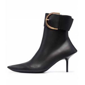 Fashion Metal Buckle With High Heel Pointed Nude Boots Fashion Big Size Side Zipper Short Boots 031824