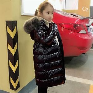 Coat 85150 Cm Girls Boys Winter Shinning Long Down Baby Kids Children Thick Warm Real Fur Hooded Coat Outer Wear 211027