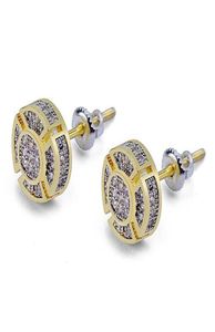 Round 3D Circle Gold Cz Iced Out Bling Earring 1 Pair Micro Pave Cubic Zircon Earring Män Kvinnor Fashion Jewelry7447869