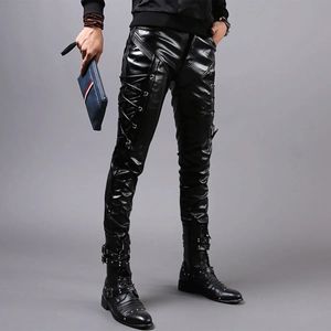 Houzhou goth calças de couro da motocicleta falso gótico homem magro moto calças masculino harajuku streetwear hip hop 5xl 231225