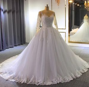 2024 Elegant A-Line Wedding Dress Sheer Neck Poaded Spetsapplikationer Långa ärmar paljetter brudklänningar klänningar vestidos de novia casamento skräddarsydd