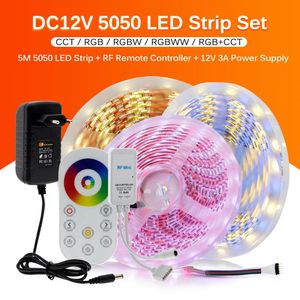 스트립 LED 스트립 라이트 5050 RGB / RGBW / RGBCCT Flexible Ribbon Fita LED 라이트 스트립 60LED / M 5M + 터치 RF 원격 + DC12V 어댑터 플러그