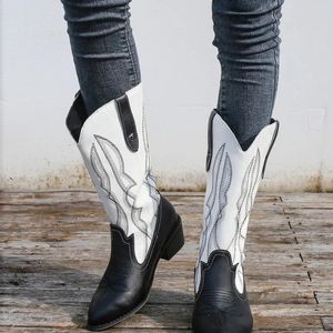 부츠 2022 Winter Cowboy Boots 여성 여성 포인트 발가락 여자 신발 인쇄 중간 송아지 부츠 청키 한 Heel Western Knight Botas de Mujer