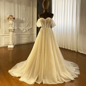 2024 Elegancka sukienka ślubna A Off ramy Pearls Beach Casual Tiul Suknie ślubne Sukienki Vestidos de Novia Casamento
