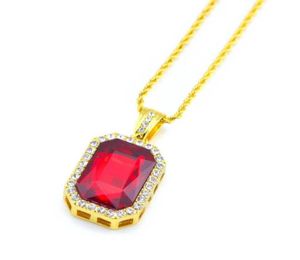 Hip hop Jewelry Square Ruby sapphire Red Blue Green Black White gems crystal pendant Necklace 24 inch Gold Chain For Men Fashion J8425412