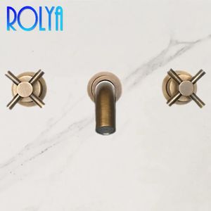 Faucets ROLYA New Arrival Luxurious Solid Brass Three Holes Dual Handles Wall Mounted Antique Bathroom Sink Faucets Mixer Tap