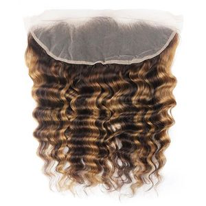 Stängningar P4/27 Piano Color Brazilian Human Hair Deep Wave Loose Deep Curly 13x4 Spets Frontal Stängningar 1024 tum