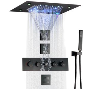 セットDulabraheオイル摩擦青銅のサーモスタットレインシャワー蛇口システム14 x 20インチLED滝の降雨浴室の頭