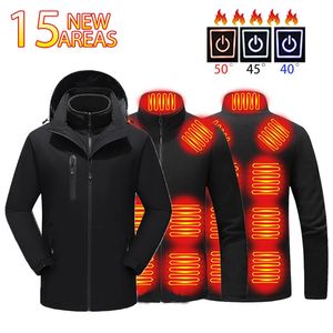 15 Alanlar Kış Isıtmalı Ceket Erkekleri Kadınlar Yıkanmış USB Isıtmalı Giysiler Uzun Kollu Hoodie Isıtma Ceket Yürüyüşü Açık Rüzgar Geçidi 231226