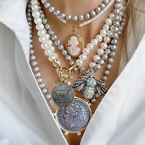 Жемчужный винтажный кулон в форме лошадиной монеты, колье, цепочка на ключицы, ожерелье для женщин и девушек, ошейники в стиле панк, эстетические ювелирные изделия, подарки 231225