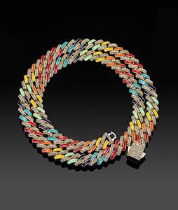 Bracciale con collana a catena a maglie cubane in smalto ghiacciato da 10 mm, placcato in oro bianco 14 carati, con 2 file di diamanti, zirconi cubici, da 18 pollici, 22 pollici, 1092583