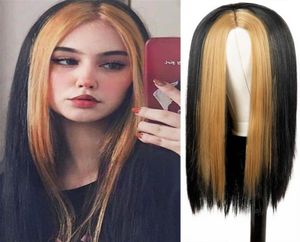 Syntetiska peruker lång svart rak peruk för kvinnor båda sidor browngreenpurplepink hår middle del värmebeständig wavy cosplay8370190