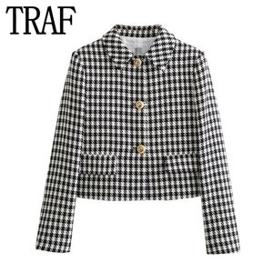 Traf Houndstooth Cropped Blazer Woman Short Tweed Jacket Women Office Elegant Womens Leng Sleeve Autumn 231225