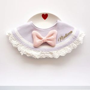 Pure Cotton Saliva Towel born Waterproof Baby Bib Bow Tie Lace Customized Burp Cloth Embroidery Birthday Gift 231225