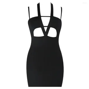 Casual Dresses Summer Women V Neck Sexy Slim Mini Sleeveless Club Evening Party Black Bandage Female Double Straps Hollow Out Clothing