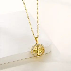 Pendant Necklaces Women Jewelry Tree Of Life Family Necklace Hollow Circle With Zircon Chain Gold Color