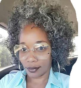 Short silver grey afro kinky curly bob wig for lady non lace salt and pepper human hair wig4142063