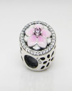 Authentic 925 Sterling Silver Pink Enamel Magnolia Flowers Charms Original Box For Beads Charms Armband Smycken Making7036151