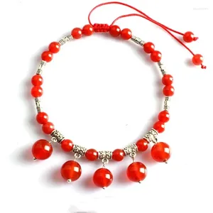 Cavigliere all'ingrosso perline rotonde di cristallo rosso da 6 mm con accessori in argento tibetano linea elastica catena di cavigliere gioielli da donna