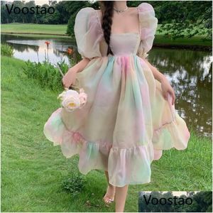 Grundlegende Casual Kleider Casual Kleider Sommer Süße Regenbogen Prinzessin Kleid Frauen Koreanische Elegante Quadratische Kragen Puff Sleeve Midi Weibliche Dhe9U