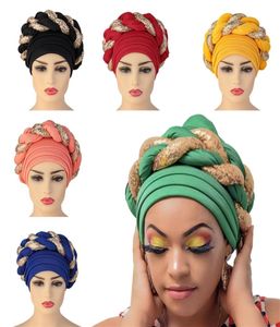 Arab Wrap Scalf Hidżabs Turbany African Headtie cekinowa czapka Braid Hat dla kobiet plisowana czapka Akcesoria do włosów 2207255487197