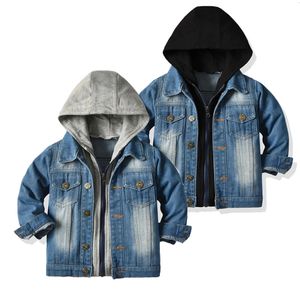 Kids Boys Girls Denim Hooded Jackets Casual Fake Two Cardigan Coat Children Cowboy Zipper Outerwear Clothes JYF 231225