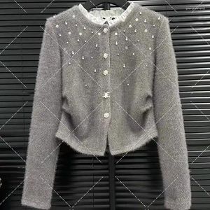 Women's Knits Winter Autumn Cashmere Wool Bead Diamond Sweater Jacket Ruffle O Neck Mohair Knit Cardigan Women Knitwear Coat