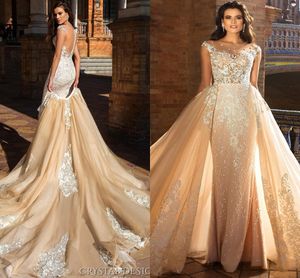 Champagne sereia vestido de casamento saia destacável manga tampada jóia pescoço fortemente bordado corpete renda vestidos de noiva robe de mariee vestidos de noiva