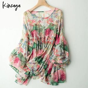 Klänning sommar halv lång raglan ärm blommig tryck kvinnor blus skjortor överdimensionerade löst aline peplum elegant kvinna chiffion toppar smock