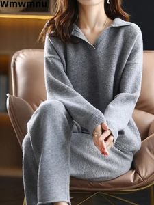 Elegant Malhas Pullover Sweater Two Piece Sets V-neck Pull Sueters Tops Conjuntos Fall Winter Baggy Soft Knitwear Pants Ensemble 231226