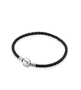 100% Real Black Leather Woven Mens Charm Bracelets for 925 Silver Charms Bracelet Best Gift Jewelry for Women and men9290177