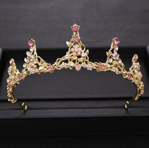 Trendy Pink Crystal Princess Crown Gold Wedding Tiara Bridal Diadem Rhinestone Hair Smycken Huvudstycke Bröllop Hårtillbehör80881097978