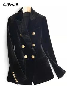 cjfhjeスプリングベルベットブラックコットン女性スーツフレンチスタイルエレガントレディファッションダブルロウメタルボタンウォームブレザージャケット231225