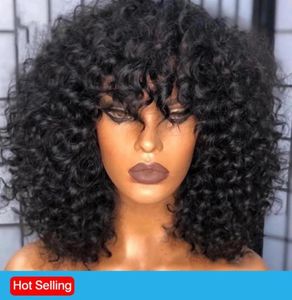 Kort lockigt bob spets främre mänskliga hår peruk med bangs brasilianska 13x4 syntetiska frontala peruk för svarta kvinnor2534295