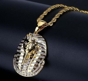 18K Gold Silber Iced Out Ägyptischer Pharao Kupfer Kristall Zirkon Diamanten Anhänger Halskette Vakuumbeschichtet Schmuck Pop Halskette9125555