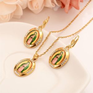 Loyal Mother Virgin Mary Necklace Earrings Pendant Set Fine Solid Gold GF Catholic Religious crystal inlay CZ Jewelry Christmas340m