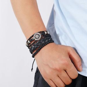 Charm Bracelets Vintage Leather Bracelet For Men Compass Series All Black Men's Weaving Set Handrope Hand Jewelry