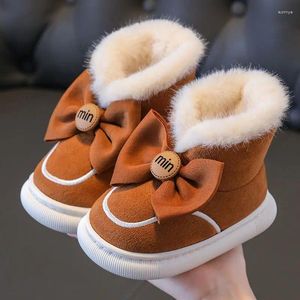 Сапоги, модная детская повседневная меховая обувь для девочек, хлопковые снежные ботинки с бантом, теплые детские зимние кроссовки принцессы для маленьких девочек