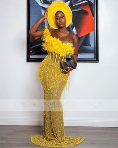 Желтые перья и кисточки, расшитые бисером Aso Ebi, платья русалки для выпускного вечера для женщин, корсет, торжественное платье в африканском стиле 322