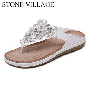 Flops STONE VILLAGE New 2019 Women Sandals Bohemian Rhinestones Flower Beach Flip Flops Large Size Comfortable Flat Shoes Women