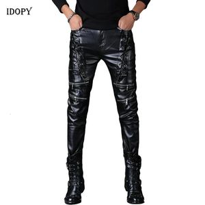 Idopy Pantaloni in pelle da uomo Nero Stile Punk Skinny Lace Up Party Stage Performance Steampunk Pantaloni in ecopelle PU per uomo 231226