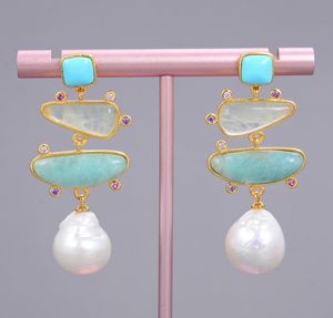 GuaiGuai Jewelry Freshwater White Pearl Blue Turquoise Green Amazonite Dangle Stud Earrings For Women Real Gems Stone Lady Fashion6344044
